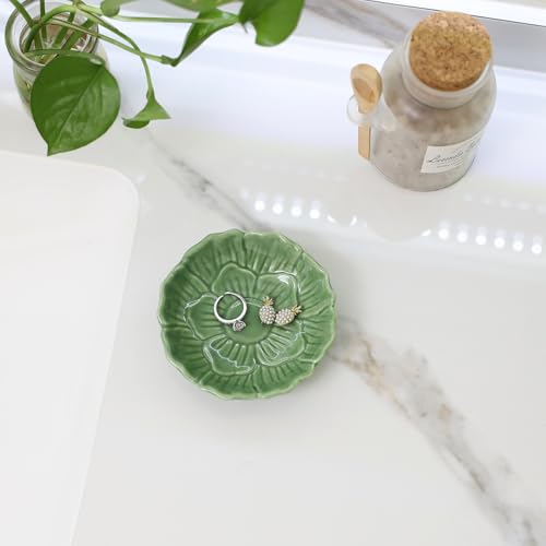 Flower Ring Dish Holder,Jewelry Dish Tray,Small Trinket Tray,Jewelry Plate Bowl,Key Bowl,Decorative Plate,Birthday Gifts for Women Mom Friends,Ceramic Green - color: Greenn
