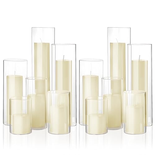 Shihanee Set of 12 Pillar Candles and Glass Cylinder Vases Assorted Sizes Cylinder Holders for Pillar Candles Home Table Centerpieces Wedding Party Decorations (Ivory) - color: Ivory