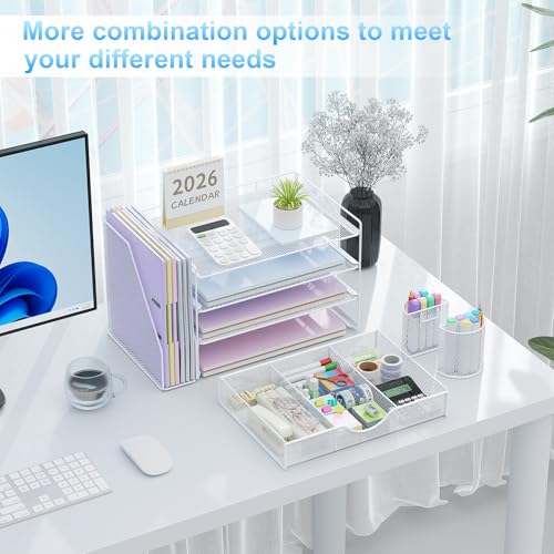 gianotter Desk Organizers and Accessories with File Holder, 4-Tier Desk Accessories & Workspace Organizers with Drawer and 2 Pen Holder, Paper Organizer for Office Supplies (White) - color: White