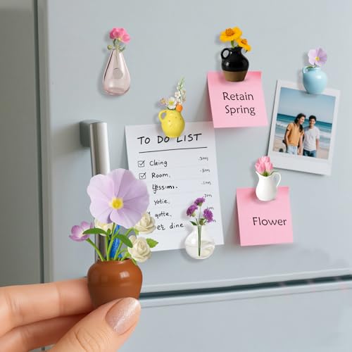 6Pcs Mini Vase Magnets for Fridge - 3D Plant Ceramic Vase Magnets with Flowers, Tiny Cute Magnetic Vases for Refrigerator Kitchen Locker Office Decoration