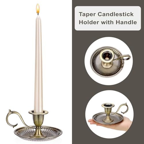 OwnMy 1 Vintage Candlestick Holder Decor, Antique Brass Taper Candle Holder with Carry Handle and Candle Drip Catcher Tray, Eleagnt Taper Candle Stand for Wedding Dining Table Centerpiece, Bronze - color: Bronze