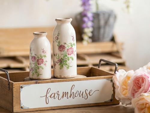 Vintage Rose-Floral Small Ceramic Vase Set, Retro Rustic Farmhouse Cute Flora Vase Gift, Art Décor for Your Home, Kitchen, Bedroom, Office, Living Room, Bathroom & Shelf Centerpiece Table Decorations - color: Pink Flora, size: set of 2