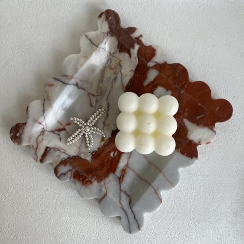 Vintage Natural Marble Tray Small Ornaments Scalloped Tray Handmade Storage Dish for Counter, Vanity, Dresser, Nightstand and Desk (Calacatta Red) - color: Calacatta Red