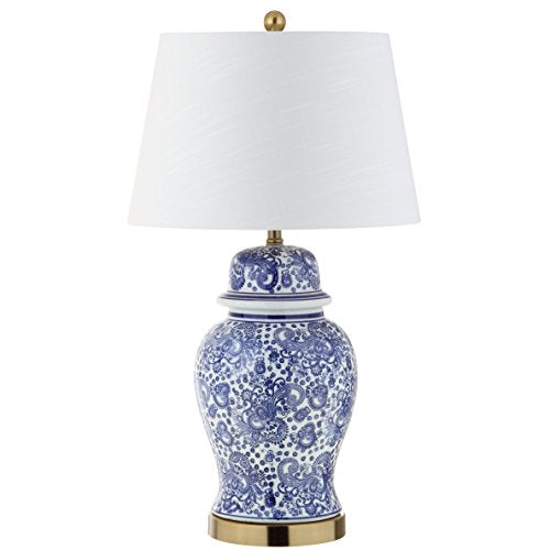 JONATHAN Y 29.5" Blue/White Ceramic Table Lamp for Living Room and Office, White Linen Drum Shade, Traditional Chinoiserie Ginger Jar Lamp, LED Bulb Included JYL3008A - color: Blue/White