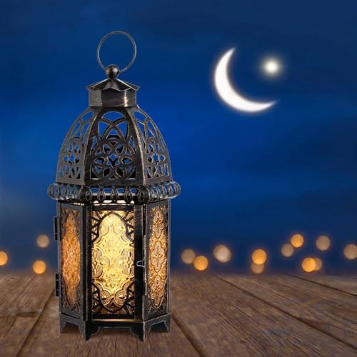 NEEDOMO 12.8'' Moroccan Lanterns Decorative Indoor & Outdoor, Vintage Christmas Candle Holder, Metal Lanterns Decorative, Table, Patio, Porch, Shelf, Christmas Spring Halloween Home Decor (Amber) - color: Amber, size: Large