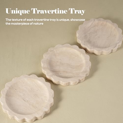 Koville 5.51" Travertine Tray, Natural Stone Trinket Dish for Ring Perfume, Round Scalloped Decorative Tray for Bathroom Vanity Dresser Countertop, Home Table Decor - color: Beige Travertine, size: D=5.51"