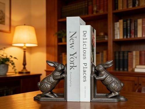 2 PCS Rabbit Decorative Bookend Set Cast Iron Vintage Heavy Duty Book Ends for Shelves for Home Bunny Bookends (Iron Brown Rabbit) - color: Iron Brown Rabbit