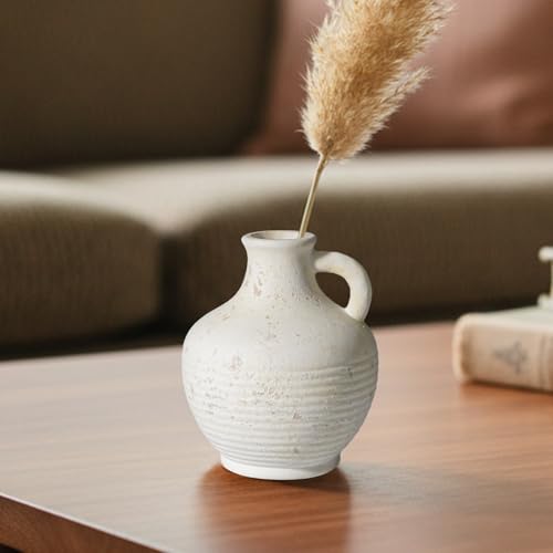 Sunddo White Ceramic Vase with Handles, Rustic Farmhouse Terracotta Small Vase, Pottery Decorative Flower for Home Decor, Table, Living Room, Bathroom, Shelf, Mantel Decor - color: White - 6, size: 6 Inch