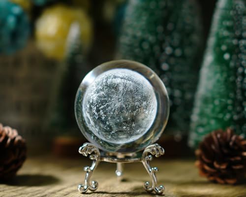 H&D HYALINE & DORA 70mm (2.75 Inch) 3D Laser Moon Crystal Glass Ball Paperweight with Metal Stand Home Decoration Collectible Gift - color: 70mm Moon