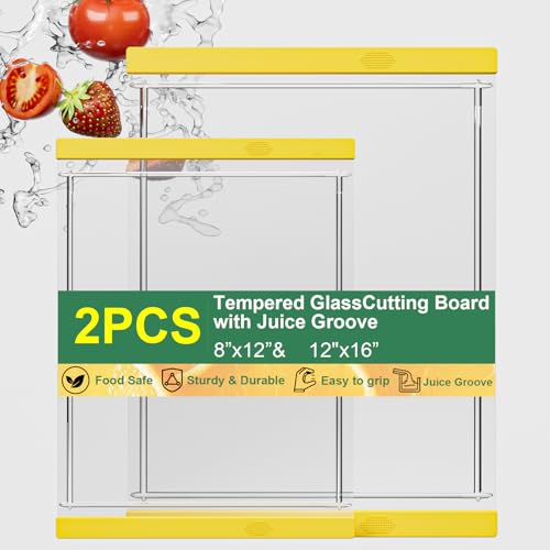 Tempered Glass Cutting Board Set for Kitchen Counter - Dishwasher Safe with Juice Grooves, Non-Slip Silicone Edges & Beveled Grip - 16"x12" & 12"x8" Serving Tray (Yellow) - color: Yellow