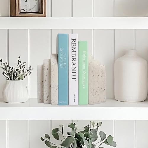 Decorative Book Ends for Shelves - Boho Aesthetic Bookends Decor - Heavy Duty Travertine Book Stopper Holder for Home Office Desk Coffee Table (Grey) - color: Gray
