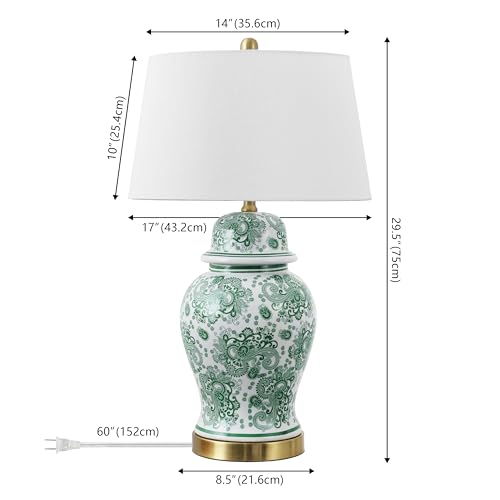 JONATHAN Y 29.5" Green/White Ceramic Table Lamp for Living Room and Office, White Linen Drum Shade, Traditional Chinoiserie Ginger Jar Lamp, LED Bulb Included (JYL3008D) - color: Green/White