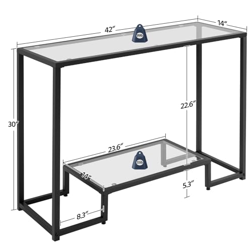 Yaheetech 42 Inch Console Table, Tempered Glass Entryway Table, 2-Tier Sofa Tables with Storage Shelves, Entrance Tables for Hallway Living Room, Black - color: Black