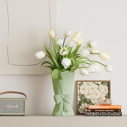 Relexome Green Ceramic Bow Vase 9.64 in Unique Cute Modern Decorative Bouquet Flower Vases for Home Living Room Table Decor Women Girl Gifts - color: Matte Green