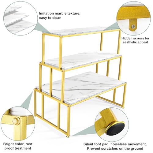 Metal Shoe Handbag Display Table，3 Tier Heavy Duty Risers Display Stands，Modern Standing Display Riser Shelf for Retail Stores Vendor Events, Iron and Wood, Gold