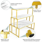 Metal Shoe Handbag Display Table，3 Tier Heavy Duty Risers Display Stands，Modern Standing Display Riser Shelf for Retail Stores Vendor Events, Iron and Wood, Gold