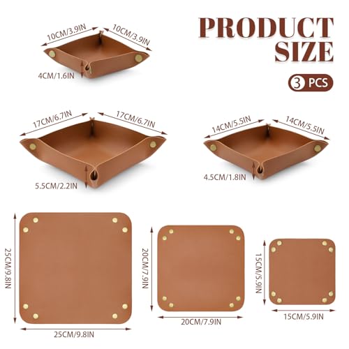 3 Pack Leather Valet Tray, 3 Sizes Catchall Tray Desk Organizer for Key Jewelry Trinket Watch Perfume Coin, for Entryway Table Nightstand Dresser Vanity Travel, Brown - color: Brown