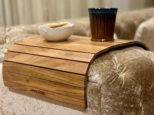 Vesta Homes Sofa Armrest Tray |Premium Acacia Wood | Flexible and Foldable Sofa Tray, Couch Arm Table and Armrest |Suitable for Food/Drinks/Snacks/Cup Coaster | 20 * 12 Inches | Handcrafted in India - style: Large Sofa Arm Tray