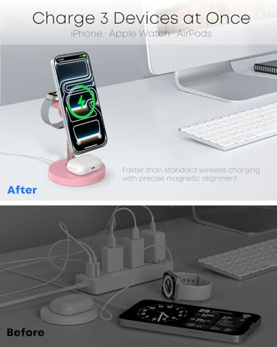 3 in 1 Magnetic Wireless Charging Station, 15W Fast Charger Stand for iPhone, Phone Charger Stand for Desk Nightstand, for iPhone 17/16/15/14/13/12, Apple Watch & AirPods, Adapter Not Included -Pink - color: Pink