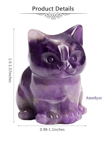 Jovivi 1.5" Amethyst Cystal Cat Statue Natural Stone Carved Cute Pocket Sitting Cat Figurines Sculpture Home Desk Christmas Decorations Gifts - color: Purple - Amethyst Crystal