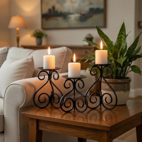 Hosley Illuminate in Style with Our Set of 3 Iron Candle LED Pillar Holders - Large 7 Inches, Medium 6 Inches, Small 5 Inches High for Versatile and Elegant Home Decor - color: Black, size: Height 5"-7" (Set of 3)