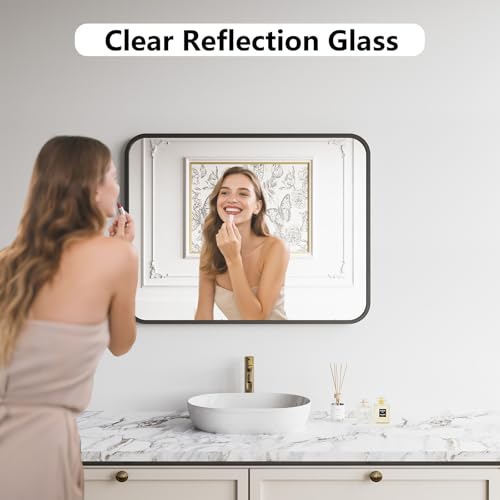Koonmi Bathroom Mirror, 28X32 Inch Black Metal Framed Mirror for Bathroom, Tempered Glass, Anti-Rust, Rounded Rectangle Mirror for Restroom, Bedroom, Black - color: Rounded Edged, size: 32"L x 28"W