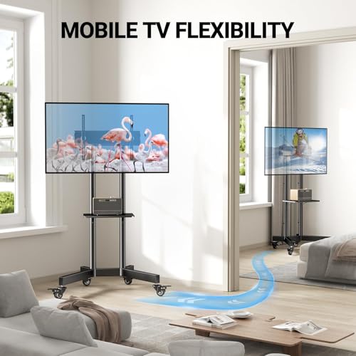 PERLESMITH Rolling TV Stand with Lockable Wheels for 32-86 Inch TVs Holds up to 132 Lbs, Height Adjustable Mobile TV Stand on Wheels with Laptop Shelf, Rolling Tv Cart Max VESA 600x400mm PSTVMC01 - size: 32-86 Inch