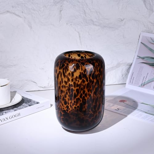 8.2in Amber Vase,Brown Glass,Round Art,Modern Clear Glass Vase,Decorative Bottles for Home Decor,Farmhouse Centerpiece,Wide for Living Room, Kitchen,Office, Dining (S) - size: Small