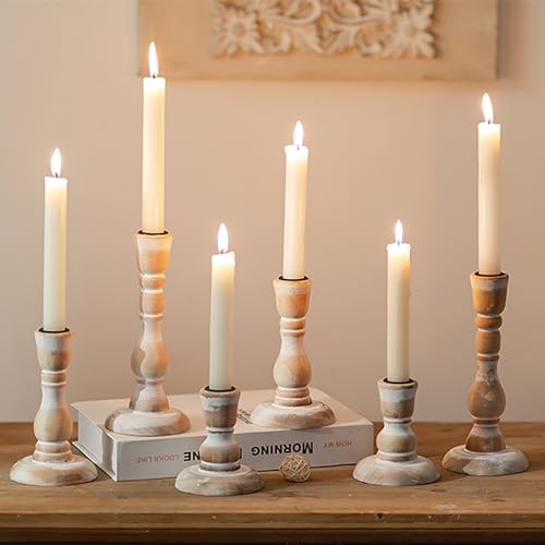 Wooden Candlestick Holders Rustic: Farmhouse Wood Taper Candle Holders Boho Candle Sticks Holder Fall Decor for Dinning Table Mantle Party Holiday Christmas Wedding Home Set of 6 - size: 3.7"/5.8"/7.8" H - 6Pcs