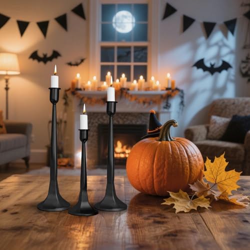 Iron Taper Candle Holder Set of 3, Decorative Candlestick Holders,Tall Candle Stand for Wedding, Dining Table, Party Decoration (Black, 12" 14" 15.5") - color: Black