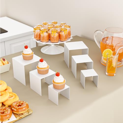 Matte Metal Display Stand,6 Pcs 2 Set Display Risers for Display, Metal Rectangular Display Shelf for Showcase, Dessert, Toys, Perfume (White, 3''x4''x5) - color: White, size: 3''x4''x5"