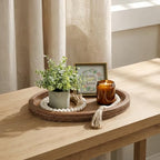 16" x 11.8" Oval Wood Decorative Tray with 58" Bead Garland, Farmhouse Coffee Table & Kitchen Island Décor, Rustic Brown Entryway Console Tray for Styling, Candles & Small Items