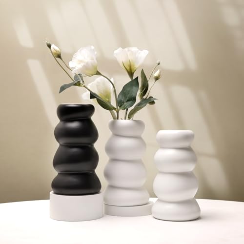 BosilunLife Ceramic Vase with Stacked Bubble Design – Boho Modern Sculptural Flower Vase for Home Decor, Shelf or Table Centerpiece (White) - color: White