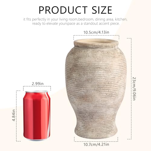 9" Ceramic Vase for Flowers - 100% Waterproof Farmhouse Rustic Flower Vase, Hand-Finished Ribbed Textured Decorative Vase, Distressed Oatmeal Pottery for Modern Home Decor, Mantel, Shelf