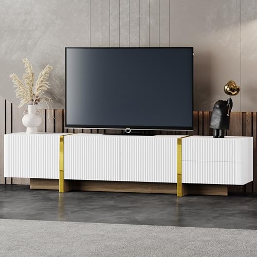 ON-TREND Luxury Fluted TV Stand for TVs Up to 80'', Modern Entertainment Center with Storage Cabinets & Drawers, Smooth Media Console with Golden Wood Grain Legs for Living Room, White - color: White4