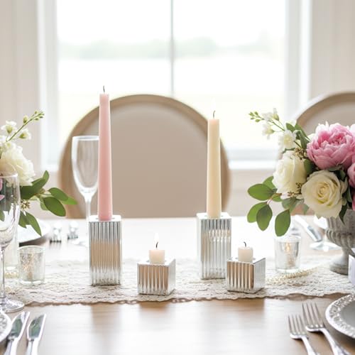 LETINE 12pcs Silver Vertical Stripe Glass Candlestick Holders - Chic Taper Candle Sticks Holder Set for Elegant Dining & Home Decor - Ideal for Valentine's Day, Halloween, Thanksgiving - color: Silver
