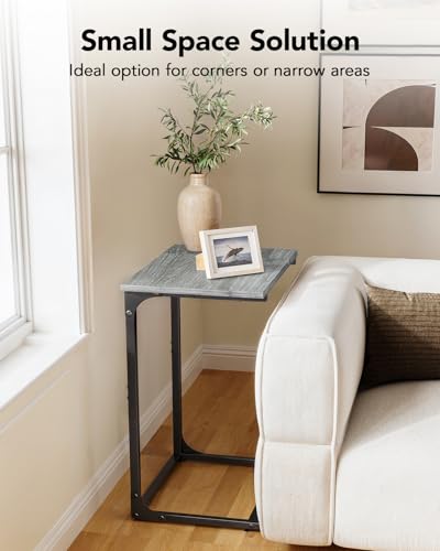 Pipishell C-Shaped Side Table, C Table for Sofa with Two-Piece Desktop & Metal Frame, Large Surface End Table for Living Room, Bedroom, Bedside, Rustic Design, Grey - color: Grey