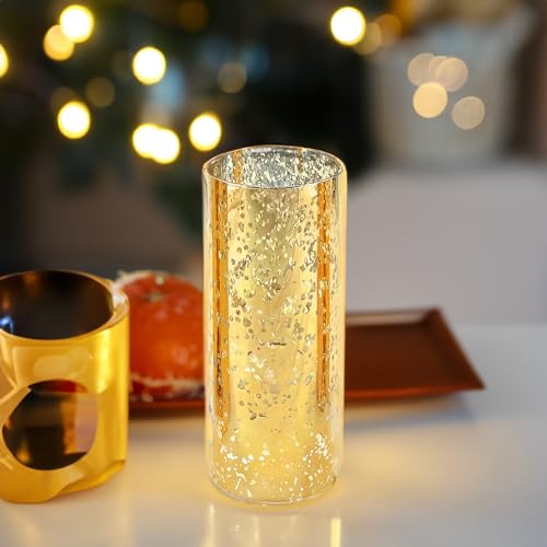 WGVI Hurricane Candle Holder Sleeve, W: 4", Ht: 10", Gold Speckled Glass Cylinder Open Both Ends, Chimney Tube Shade, 1 Piece - size: 4x10"H