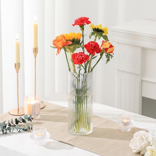 Clear Glass Vase, Glass Flower Vase, Ribbed Glass Vase, Clear Vase, Tall Cylinder Glass Vases for Centerpieces, Living Room, Dining Table, Office, Wedding, Bookshelf Decoration, 9.8 Inches - color: Clear, size: 10''