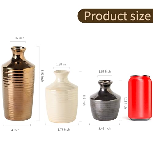 Set of 3 Ceramic Vases for Home Decor - Metallic Color Modern Handcrafted Flower Vases for Living Room, Kitchen, Bedroom, Bathroom and Office - Decorative Vase - Table Centerpieces for Home Decor