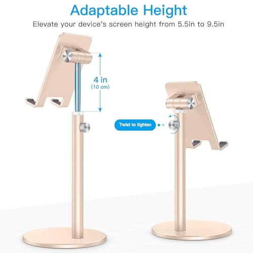 OMOTON Cell Phone Stand, Angle Height Adjustable Phone Stand, Aluminum Desktop Phone Holder Dock Stand for Desk, Compatible with iPhone 17 Pro Max, All Smartphones and Tablets(4-11''),Gold - color: Gold