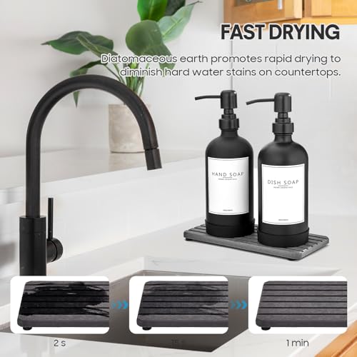 Kitchen Soap Dispenser Set with Instant Dry Tray & Sponge Holder,16 Oz Hand and Dish Soap Black Glass Dispenser Set,Stainless Steel Pump,Waterproof Labels,Luxury Soap Bottle for Bathroom - color: Black Bottle+black Pump