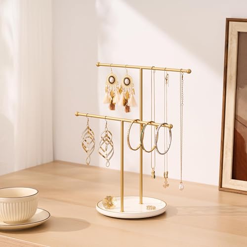 Gold Jewelry Holder Stand with Ceramic Tray: Small Hanging Necklace Organizer Tree for Earrings, Bracelets, Rings – Jewelry Display Hanger for Women & Girls, White - color: white tray gold bar