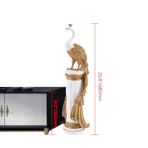 homary 27.6" Decorative Peacock Statue Large Glam Animal Sculpture Resin Crafts Home Decor for Art Ornament (White & Gold)