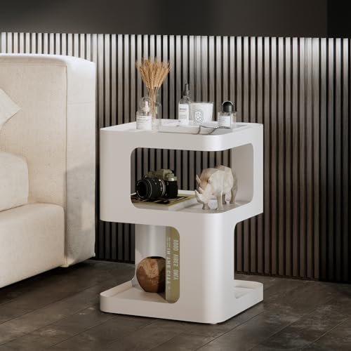 Modern Side Table,White end Table,Unique nightstand,Bedside Table,Metal 3-Tier Night Stand with Storage,Accent Side Table for Couch,Bedroom,Living Room.No Assembly Required. - color: White