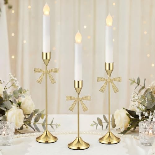 Ceenna 3 Pcs Gold Bow Candle Holders, 3 Size Gold Bow Candlestick Holders, Taper Candle Holder Vintage Decorative for Table Centerpiece Mantel Decor Holiday Housewarming Gifts - style: Bow