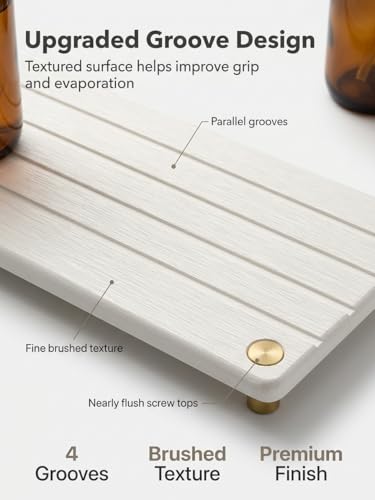 Razborci Instant Dry Sink Caddy Kitchen Sink Organizer, Quick Drying Stone Tray Diatomite Sponge Holder Soap Dish, Bathroom Countertop Fast Dry Water Absorbing Vanity Rack, Gold White, 12" x 5" - color: 1. Gold - White, size: 12" x 5" x 1"