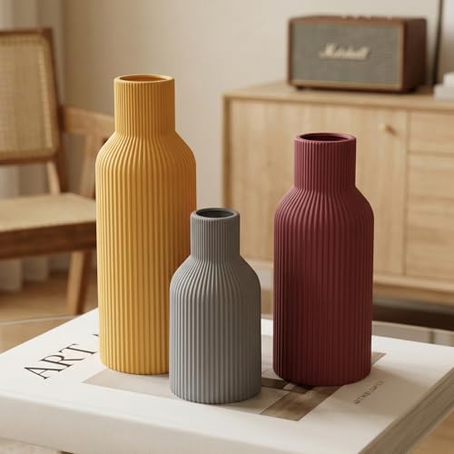 Ceramic Vase Set of 3, Modern Ribbed Boho Vases for Home Decor, Assorted Sizes Decorative Flower Vases for Pampas Grass, Dried Flowers,Shelf, Table Centerpiece - color: Mustard Yellow/Gray/Burgundy