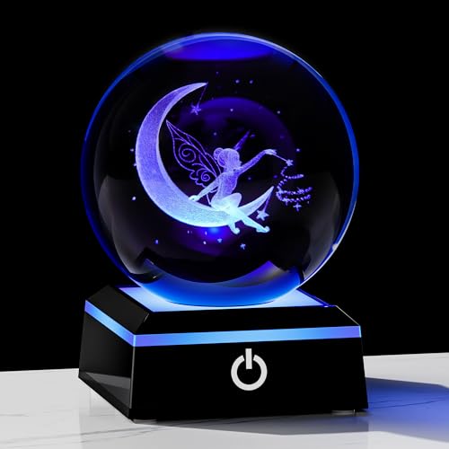 Qianwei Moon Fairy 3D Crystal Ball Laser Engraved Fairy Glass Ball Fairy Night Light Decorative Globes 3D Crystal Moon Sphere Fairy Gifts for Girl Her Fairy Lover - style: Fairy Moon