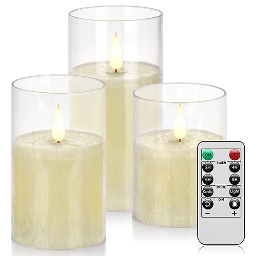 Flameless Flickering Remote Control Candle, Glass Pillar Candle,3 Pack (D:3"×H:4" 5" 6") LED 3D Flame Romantic Candle,Battery Operated Real Wax, Ideal for Wedding, Home Decor Holiday (Ivory) - color: H13# Ivory 3pack Glass